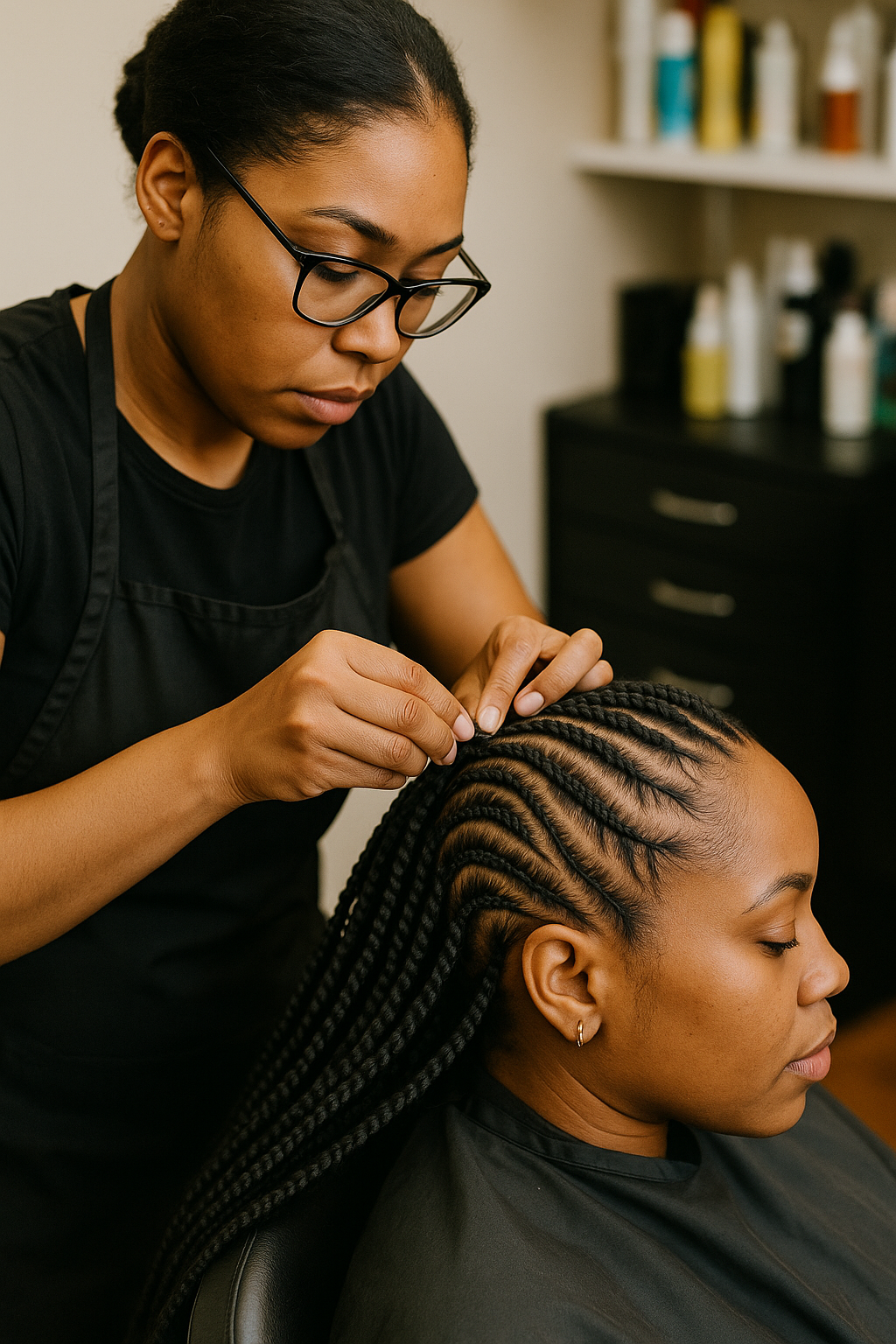 Professional braider working on intricate hairstyle