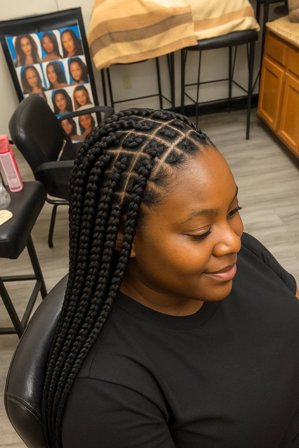 Satisfied customer showing off cornrow hairstyle