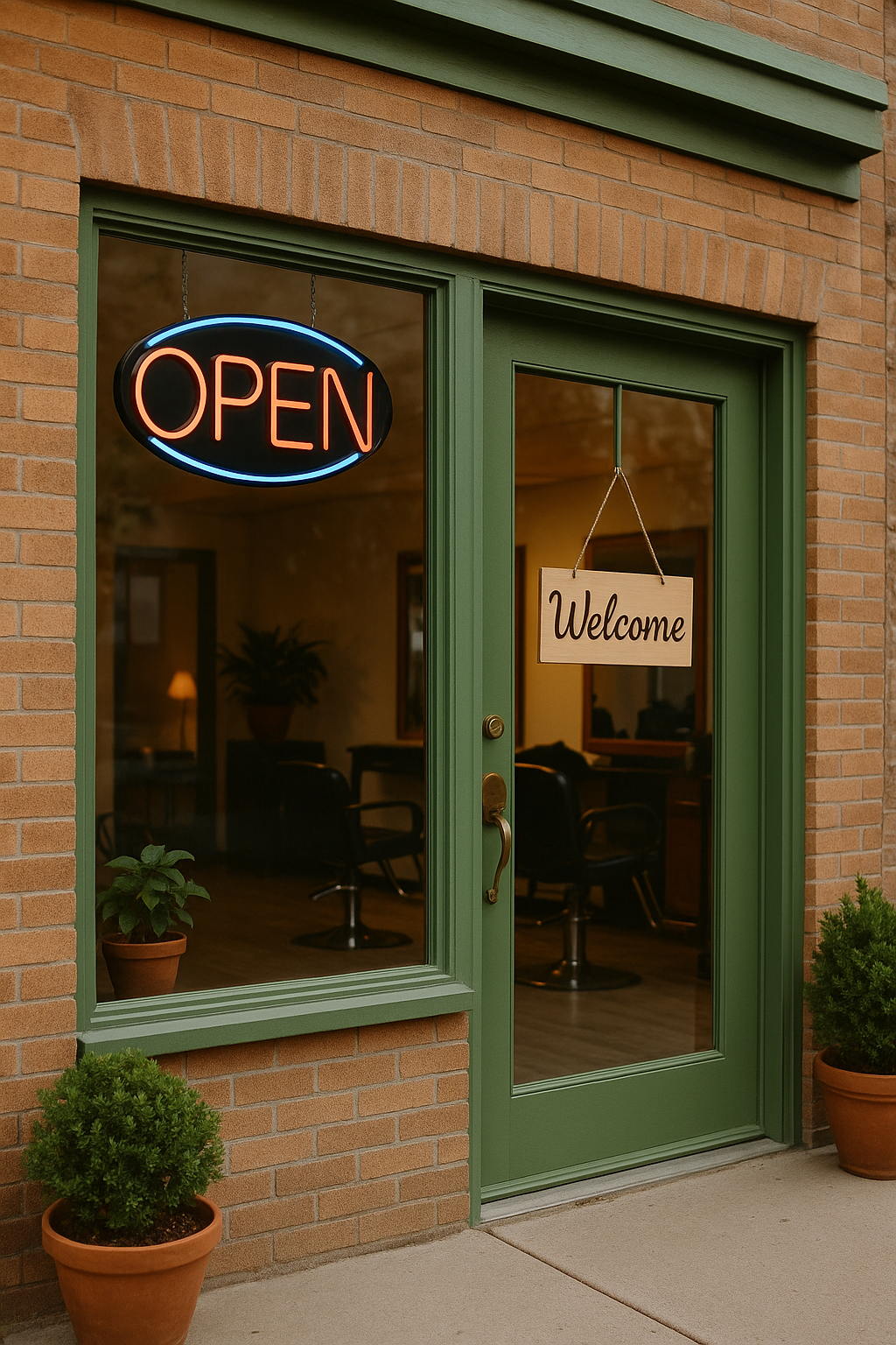 Salon open sign and welcoming storefront